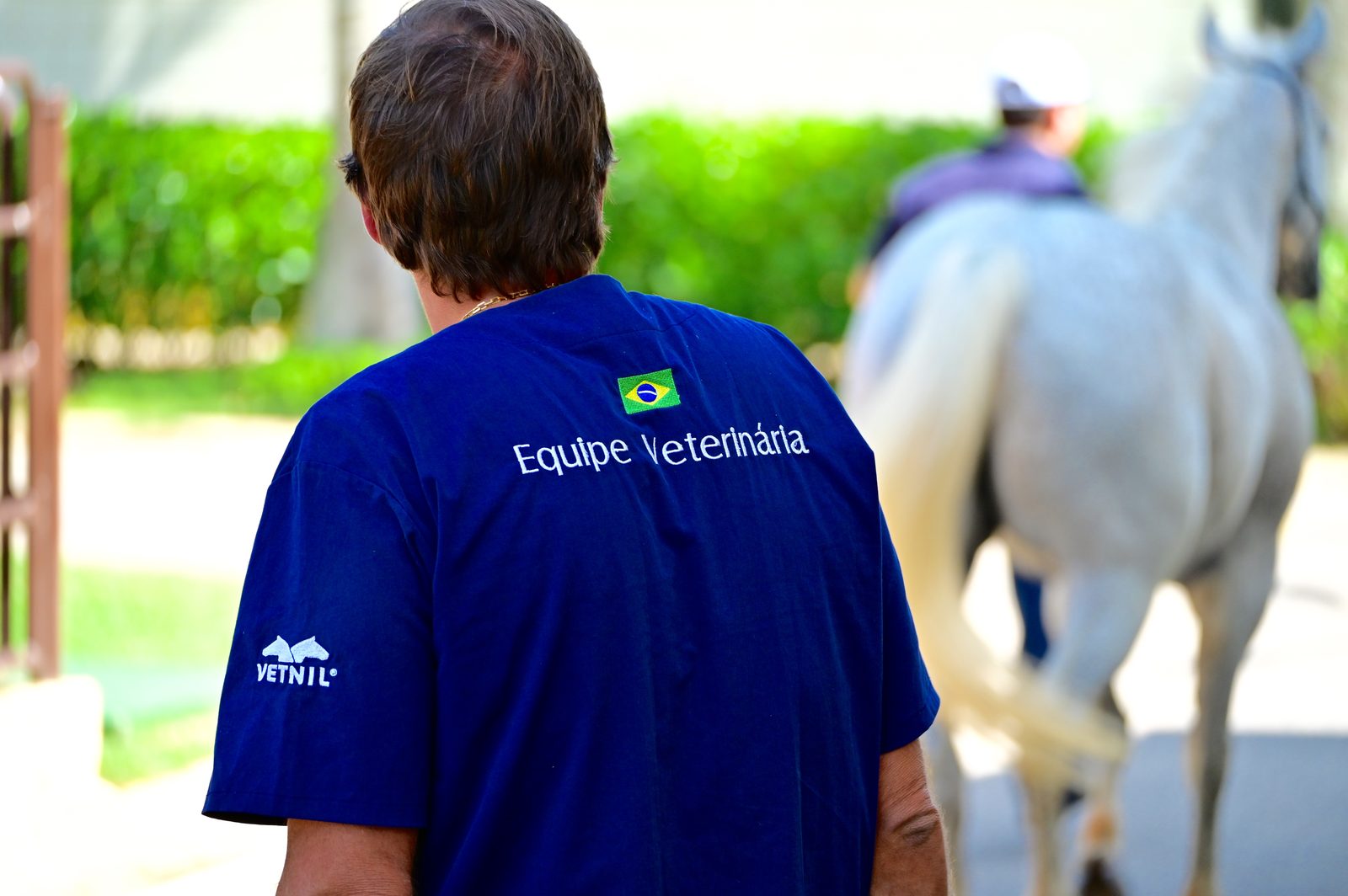 Equipe da Pro Equus conduzindo um cavalo atleta na área de avaliação